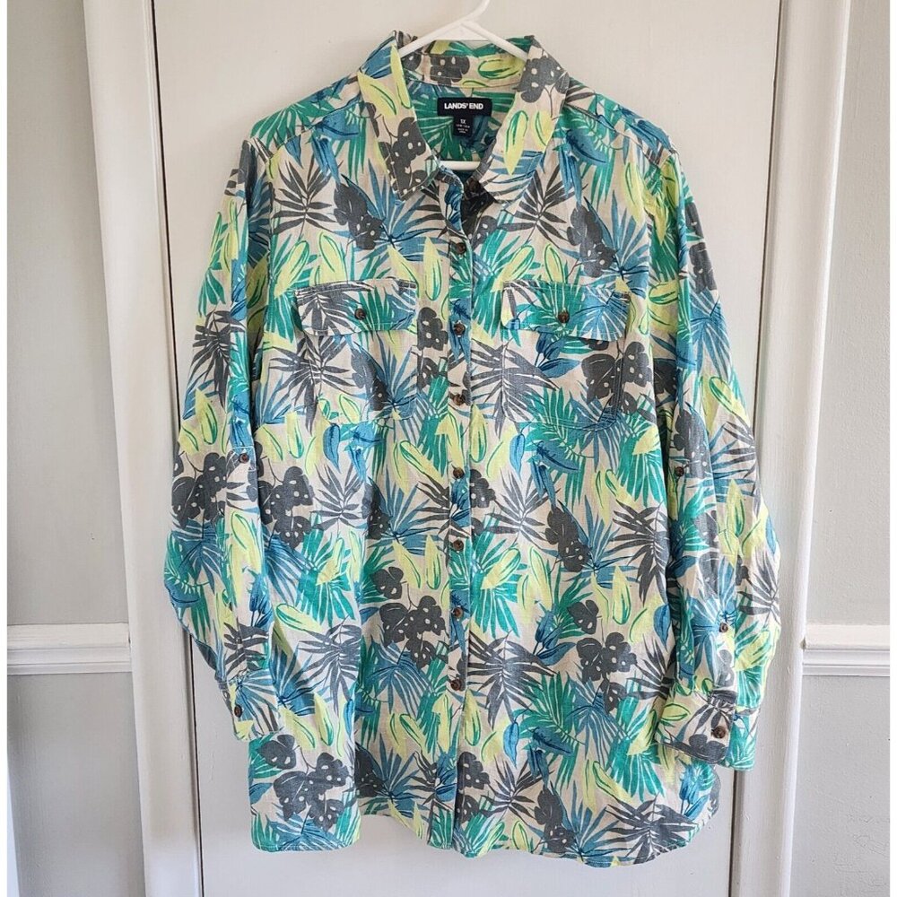 Lands' End Linen 1X Tropical Leaves Pocket Front Linen Top Button Blouse 16W 18W